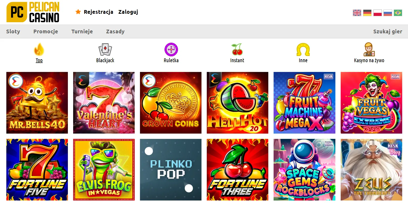 Dostępne kategorie gier w Pelican Casino games